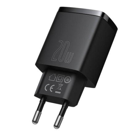Basues Compact CCXJ-B01 Black - szybka ładowarka sieciowa, czarna (20W, 1x USB-C, 1x USB-A)